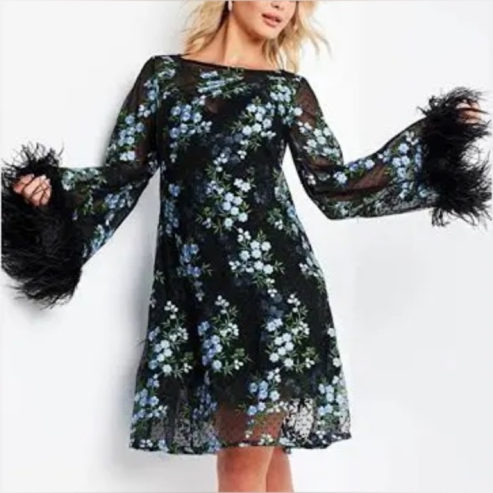 Jovani Floral Embroidered Feather Trim Shift Dress